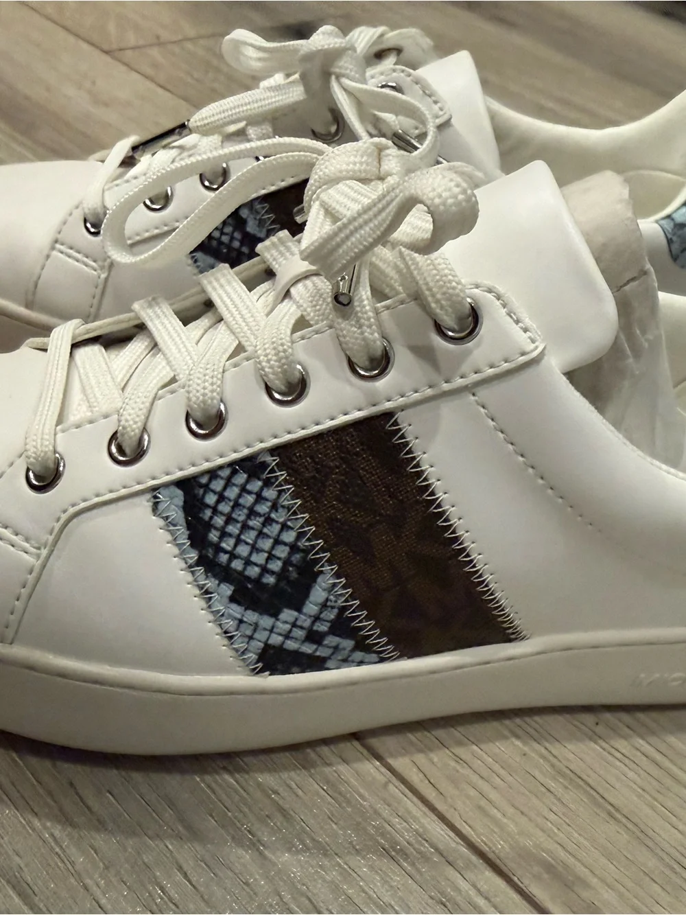 Michael Kors White Lace-Up Sneakers with Pale Ocean Snake-Print Accent